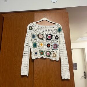 debut Cream Crochet Open-Knit Sweater with floral Pattern